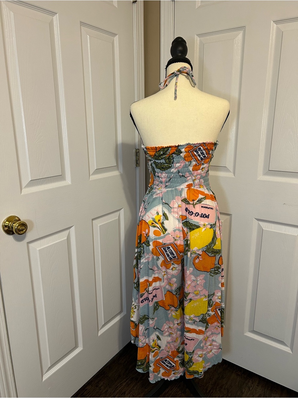 UO Out From Under Citrus Flower Print Smocked Halter Wide Leg Jumpsuit Orange S - Picture 2 of 9